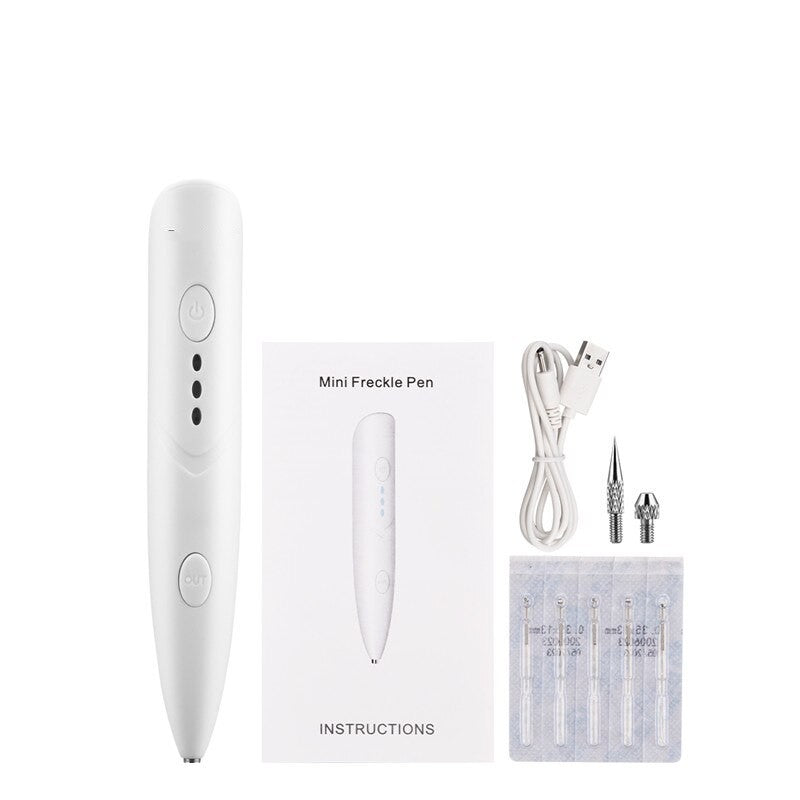 Electric Mini Laser Pen for tattoo mole removal, featuring adjustable settings and multiple needle options for effective skin care.