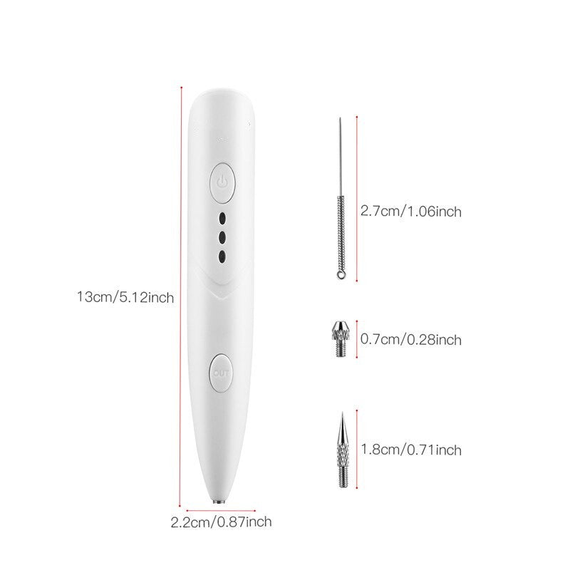 Electric Mini Laser Pen for tattoo mole removal, featuring adjustable settings and multiple needle options for effective skin care.