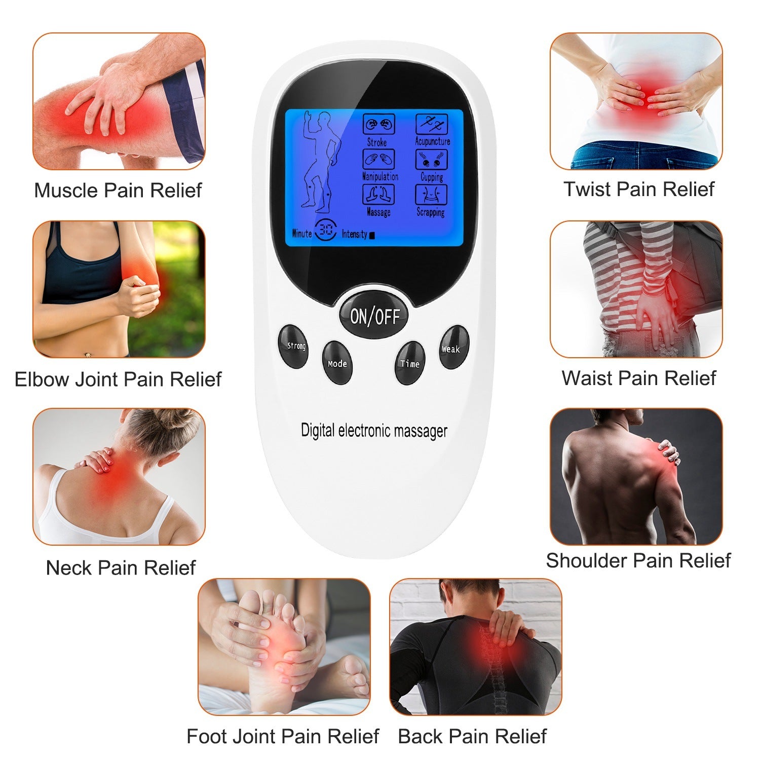 Electric Muscle Stimulator Dual Channels Pulse Massager with electrode pads and USB charging cable, designed for pain relief.