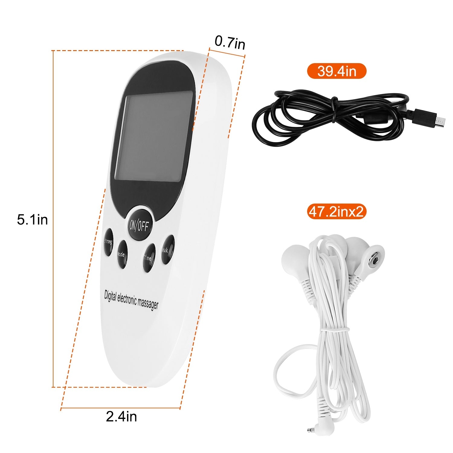 Electric Muscle Stimulator Dual Channels Pulse Massager with electrode pads and USB charging cable, designed for pain relief.