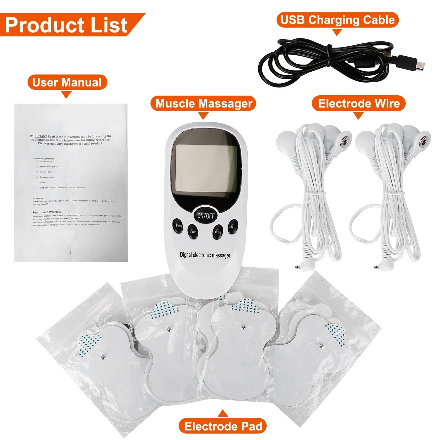 Electric Muscle Stimulator Dual Channels Pulse Massager with electrode pads and USB charging cable, designed for pain relief.