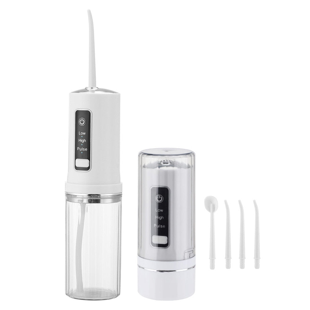 Electric Oral Irrigator Foldable Dental Water Jet Flosser with USB charging and multiple nozzles, designed for effective oral hygiene.