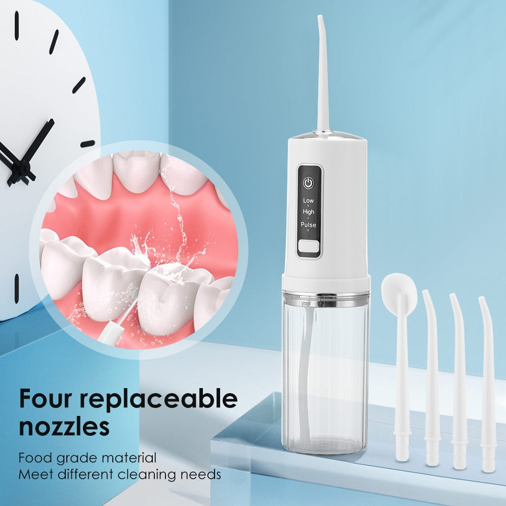 Electric Oral Irrigator Foldable Dental Water Jet Flosser with USB charging and multiple nozzles, designed for effective oral hygiene.