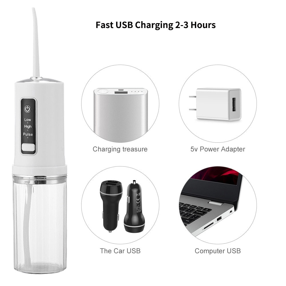 Electric Oral Irrigator Foldable Dental Water Jet Flosser with USB charging and multiple nozzles, designed for effective oral hygiene.