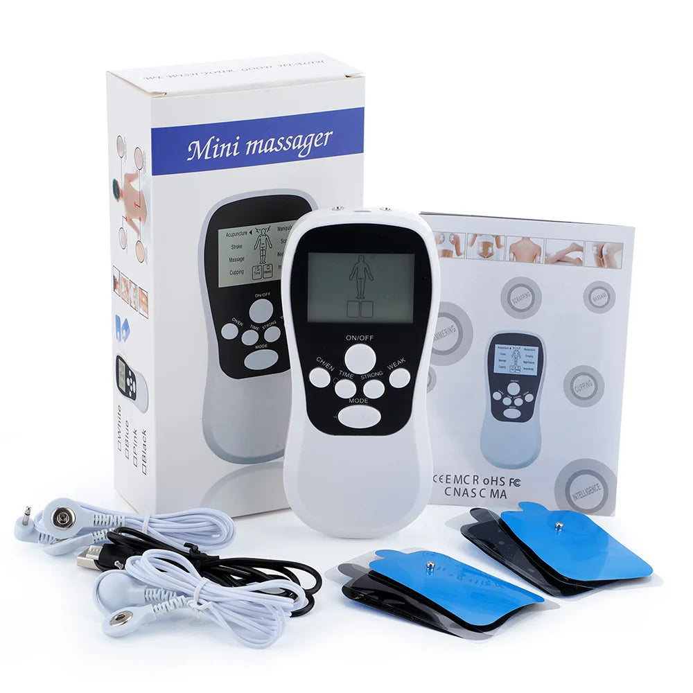 Electric Professional Muscle Stimulator EMS Unit with LCD screen and accessories for physiotherapy.