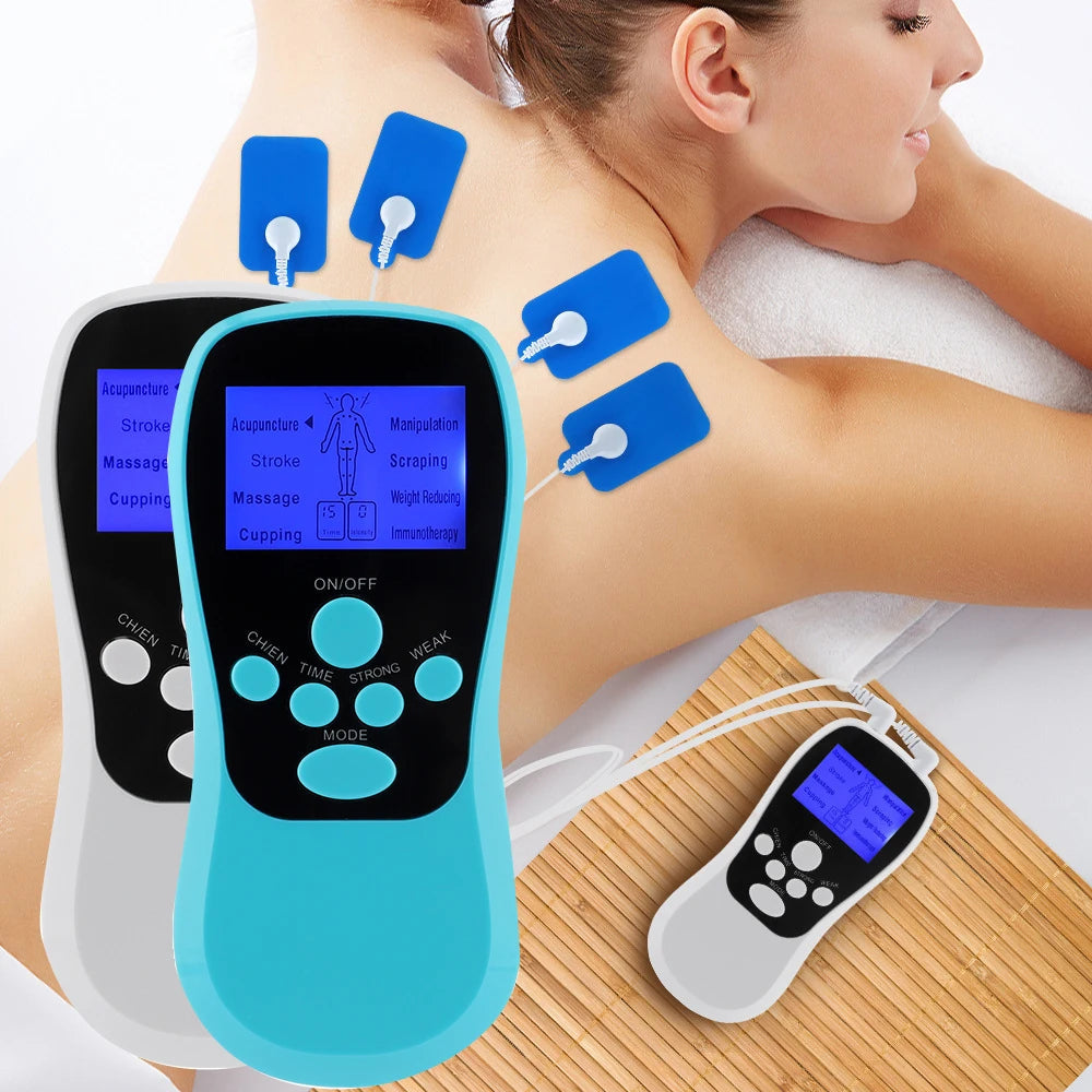 Electric Professional Muscle Stimulator EMS Unit with LCD screen and accessories for physiotherapy.