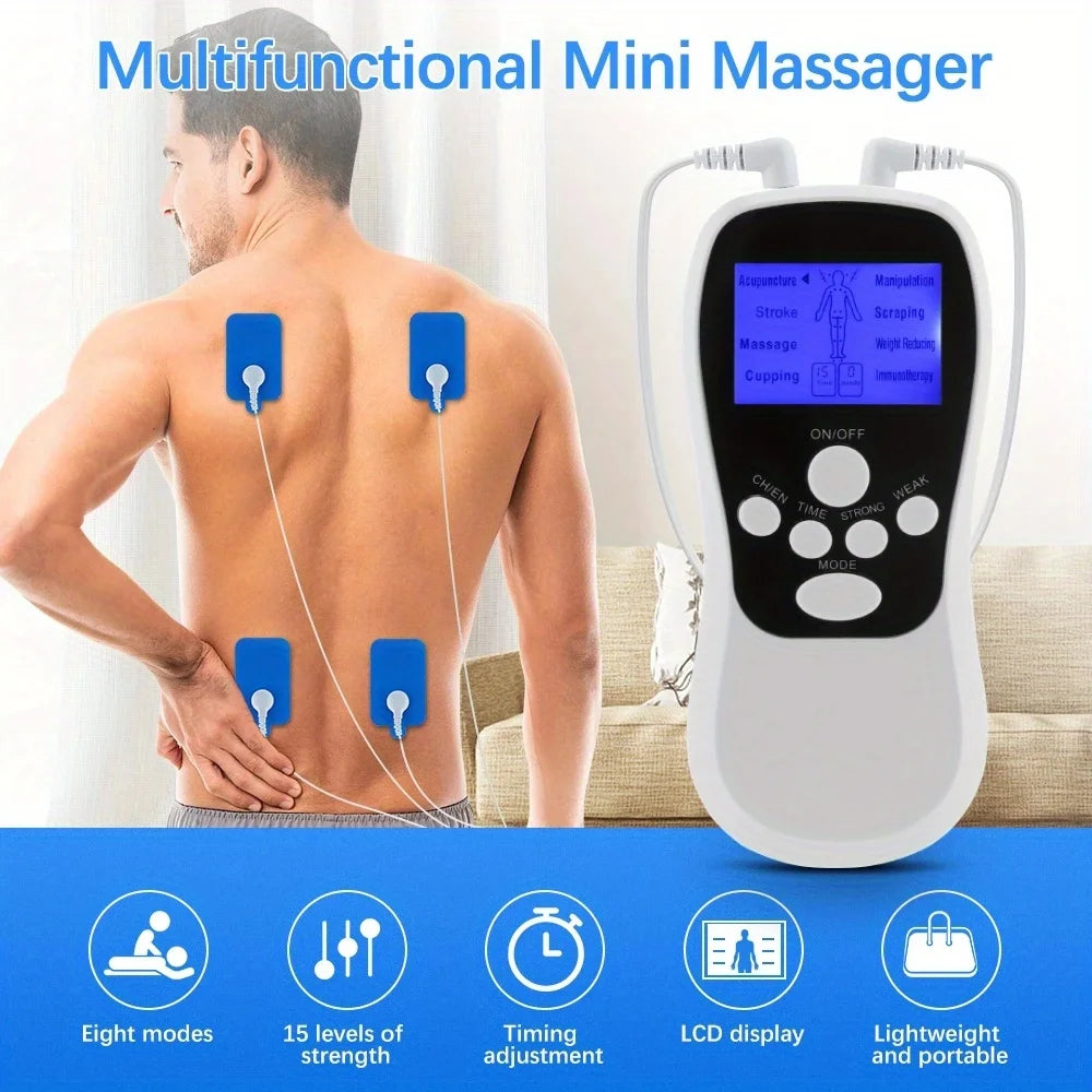 Electric Professional Muscle Stimulator EMS Unit with LCD screen and accessories for physiotherapy.