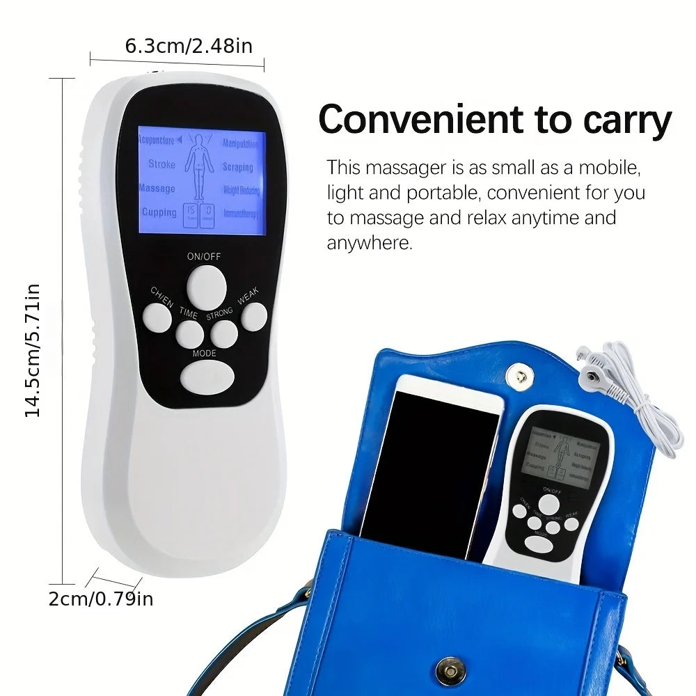 Electric Professional Muscle Stimulator EMS Unit with LCD screen and accessories for physiotherapy.