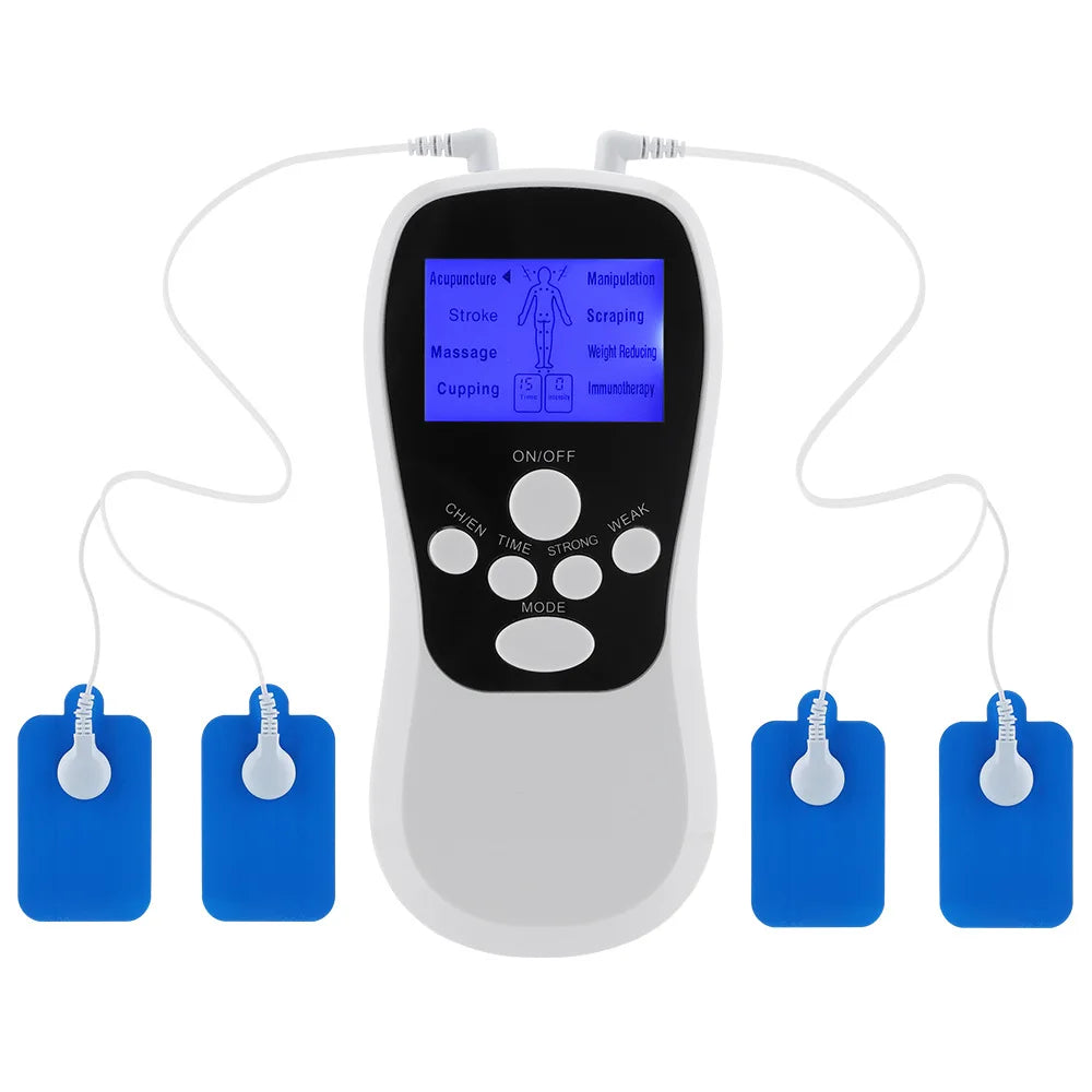 Electric Professional Muscle Stimulator EMS Unit with LCD screen and accessories for physiotherapy.