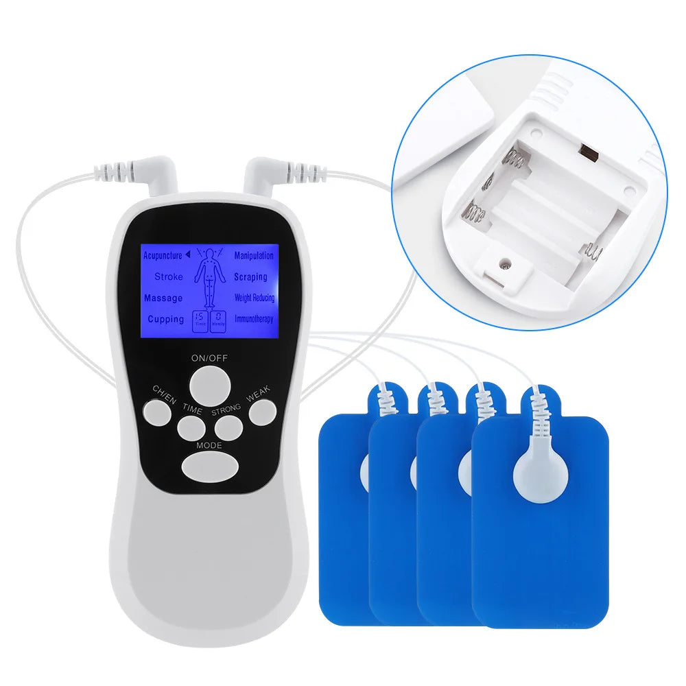 Electric Professional Muscle Stimulator EMS Unit with LCD screen and accessories for physiotherapy.