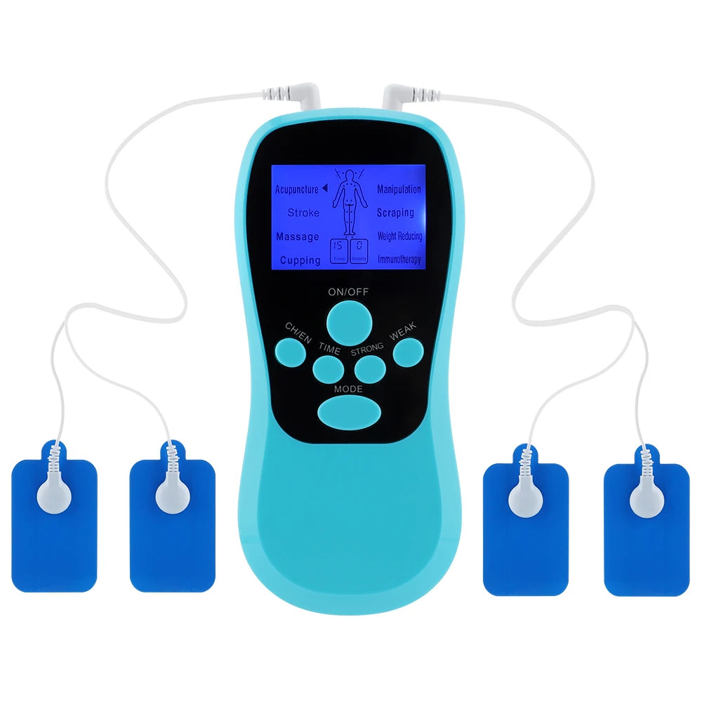 Electric Professional Muscle Stimulator EMS Unit with LCD screen and accessories for physiotherapy.