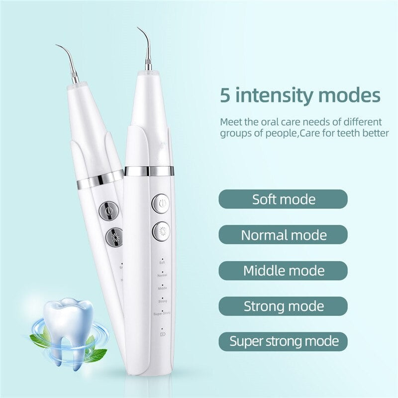 Electric Sonic Dental Whitener Scaler with multiple tips and USB charging cord, designed for effective teeth cleaning and tartar removal.