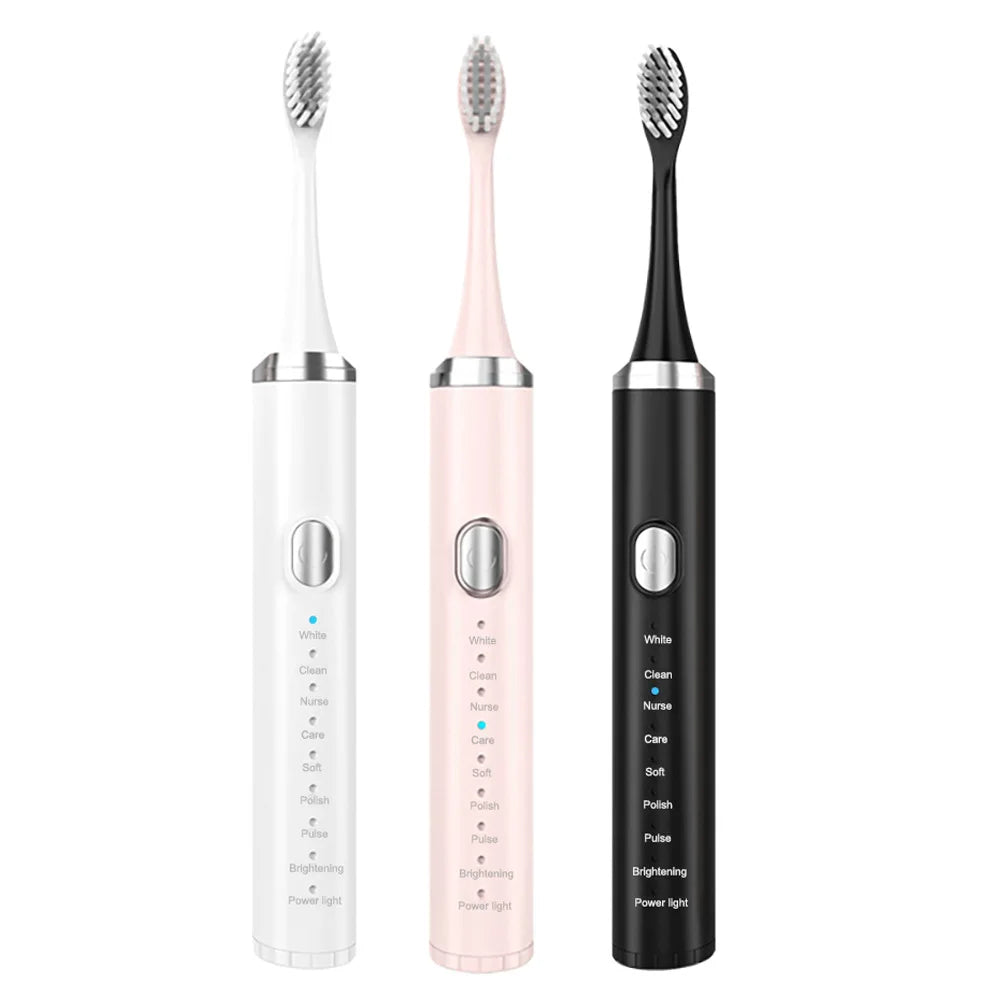 Electric Sonic Toothbrush in black, white, and pink colors with soft bristles and Type-C charging cable.