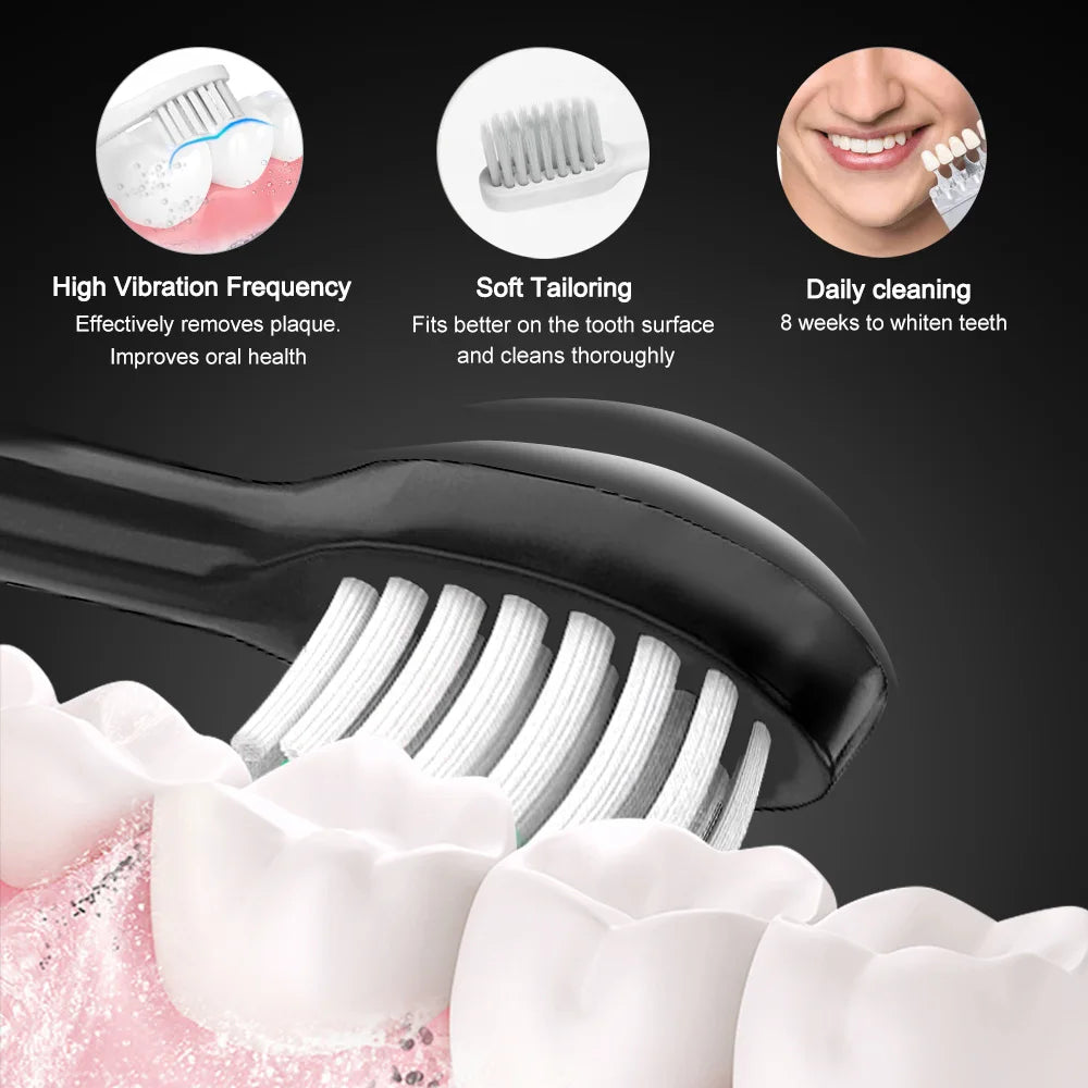 Electric Sonic Toothbrush in black, white, and pink colors with soft bristles and Type-C charging cable.