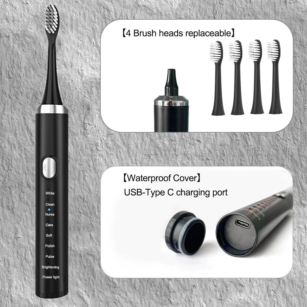 Electric Sonic Toothbrush in black, white, and pink colors with soft bristles and Type-C charging cable.