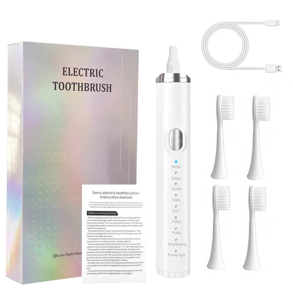 Electric Sonic Toothbrush in black, white, and pink colors with soft bristles and Type-C charging cable.