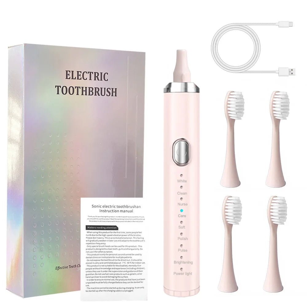 Electric Sonic Toothbrush in black, white, and pink colors with soft bristles and Type-C charging cable.