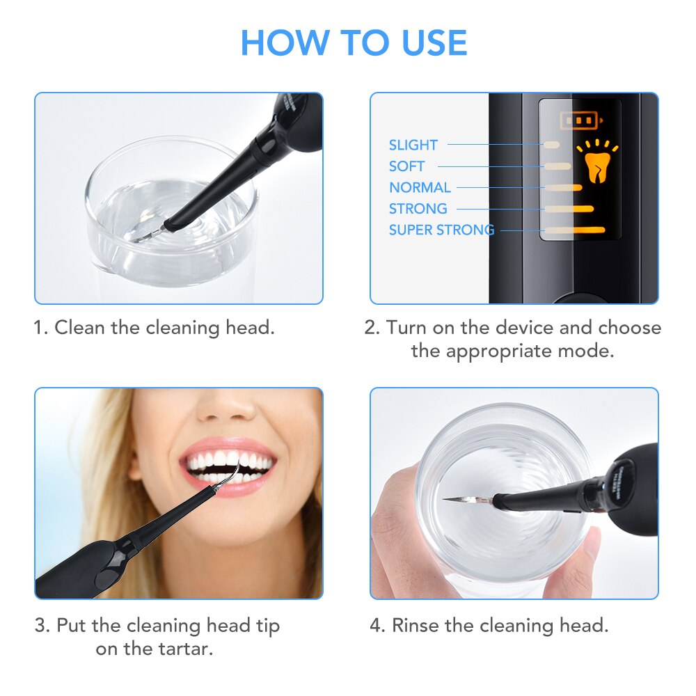 Electric Teeth Whitening Tooth Stains Tartar Scraper with USB charging cable and cleaning heads, designed for effective dental care.