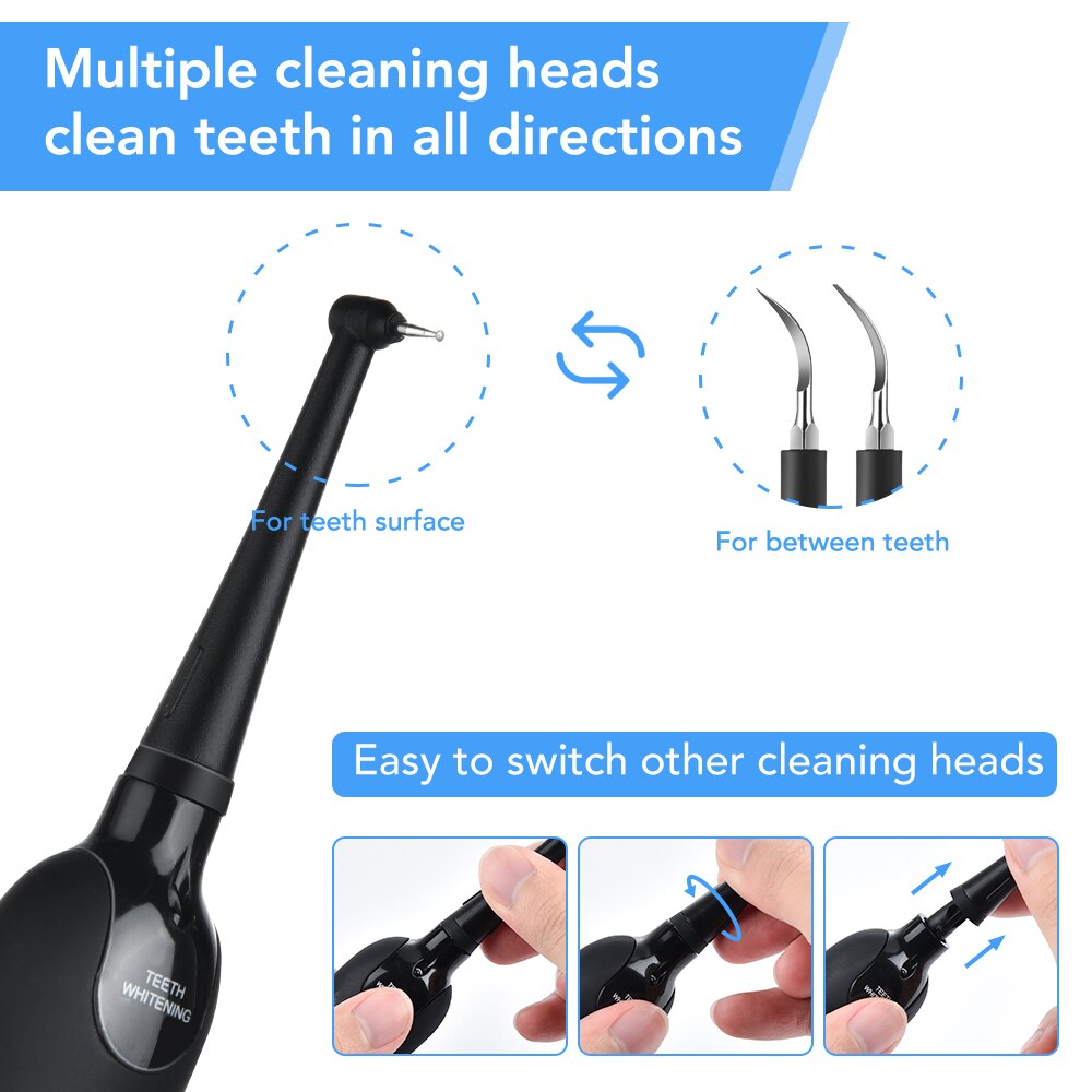 Electric Teeth Whitening Tooth Stains Tartar Scraper with USB charging cable and cleaning heads, designed for effective dental care.