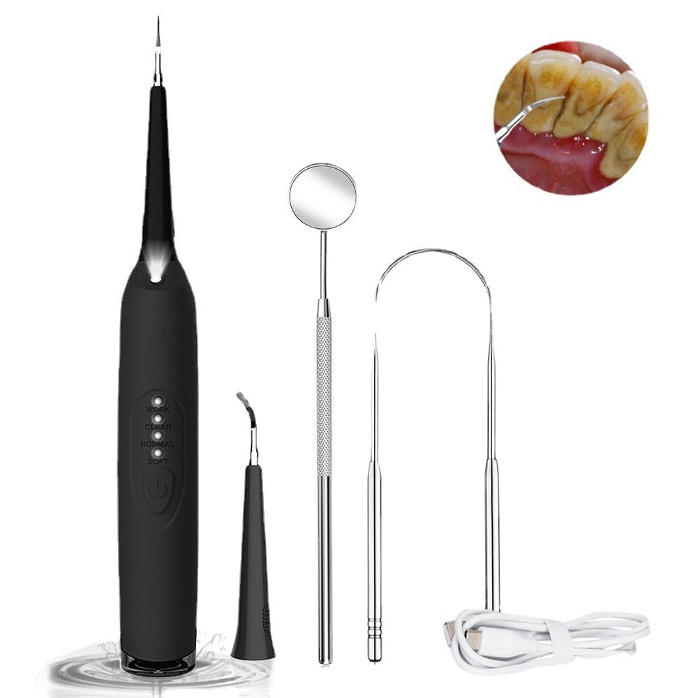 Electric Tooth Cleaner Sonic Dental Scaler with LED light, mouth mirror, and tongue scraper for effective teeth whitening and dental hygiene.