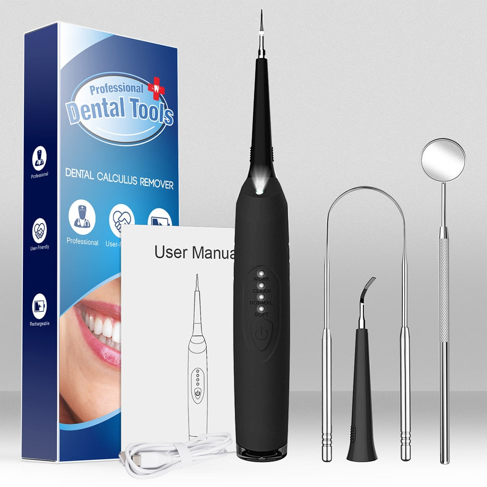 Electric Tooth Cleaner Sonic Dental Scaler with LED light, mouth mirror, and tongue scraper for effective teeth whitening and dental hygiene.