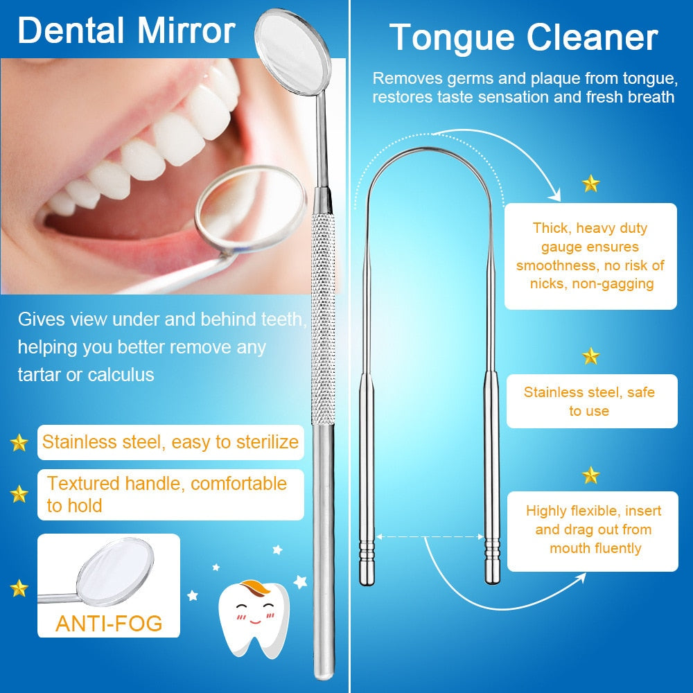 Electric Tooth Cleaner Sonic Dental Scaler with LED light, mouth mirror, and tongue scraper for effective teeth whitening and dental hygiene.