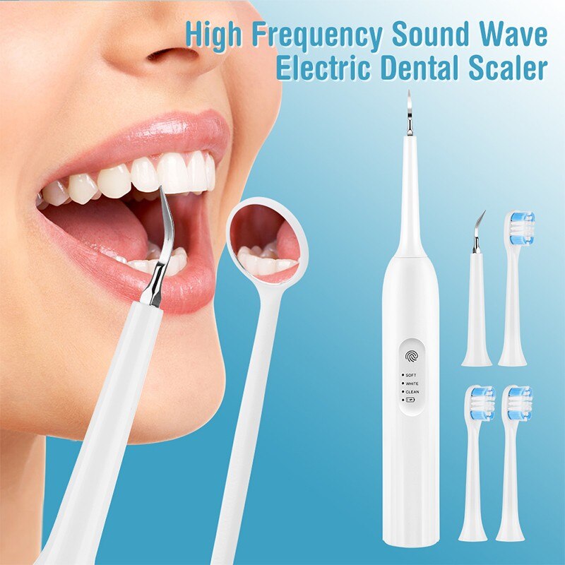 Electric Ultrasonic Tooth Cleaner with multiple attachments including toothbrush heads and dental scaler, designed for effective tartar removal.