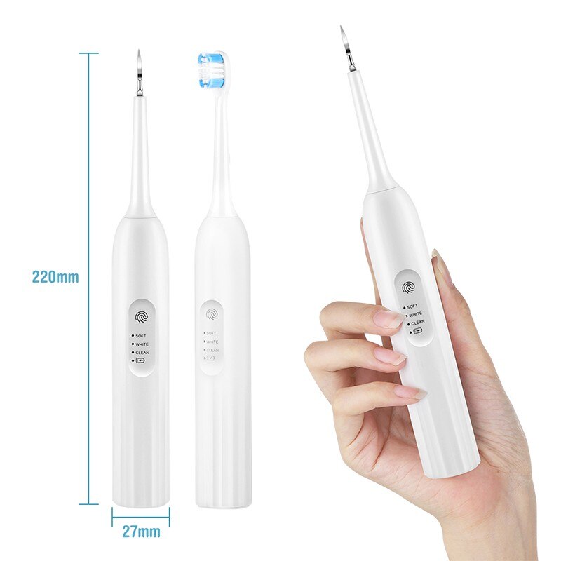 Electric Ultrasonic Tooth Cleaner with multiple attachments including toothbrush heads and dental scaler, designed for effective tartar removal.