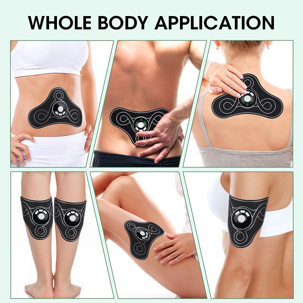 EMS Electric Massager Stimulator designed for pain relief in neck, back, and legs, featuring a compact and portable design.