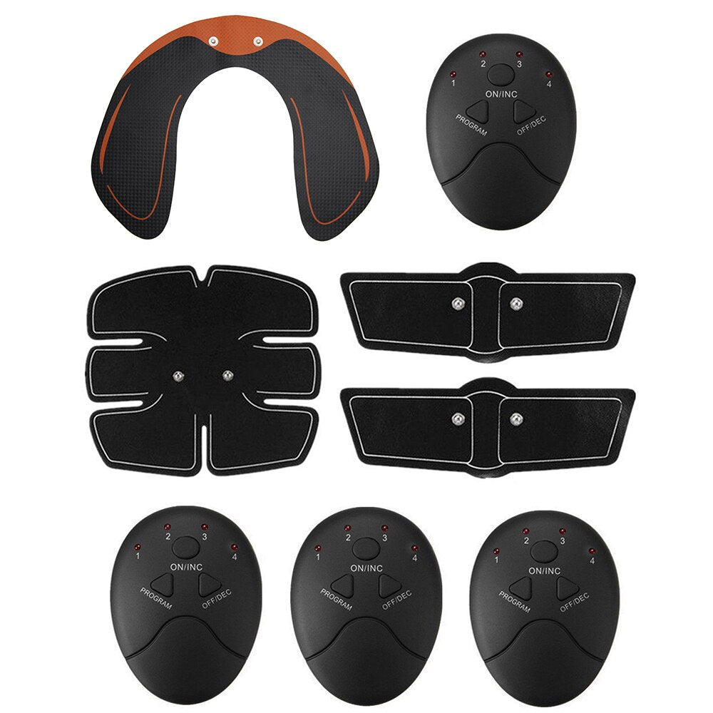 EMS Hip Trainer Muscle Stimulator with ergonomic design for buttock lifting and toning, featuring various pads for muscle stimulation.