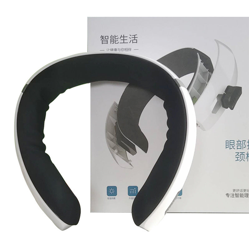 Eye and Cervical Spine Integrated Massage Device in white suede, showcasing its ergonomic design and USB power connection.