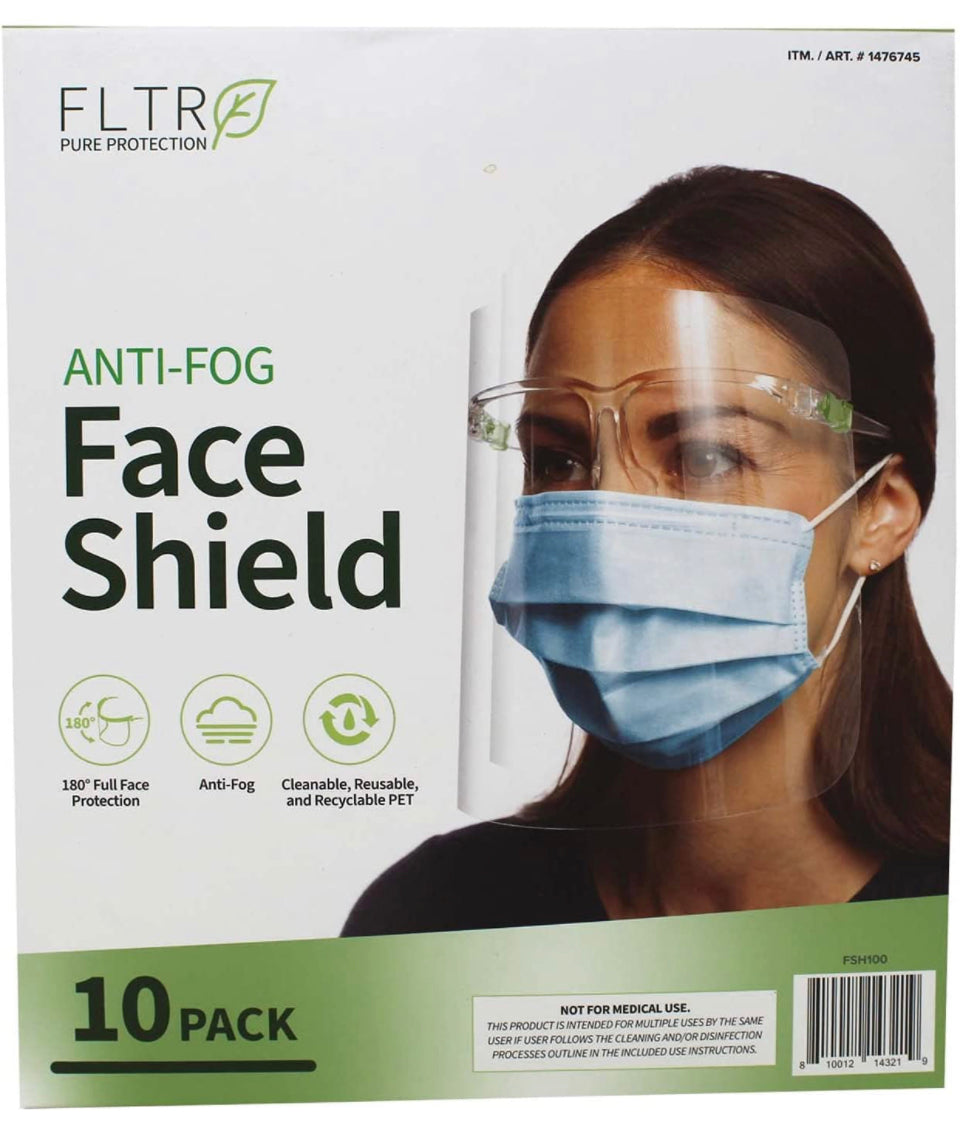 A pack of 10 anti-fog face shields, showcasing their clear design and adjustable headbands for a comfortable fit.