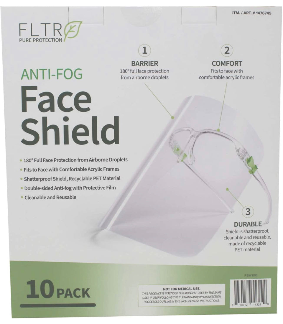 A pack of 10 anti-fog face shields, showcasing their clear design and adjustable headbands for a comfortable fit.