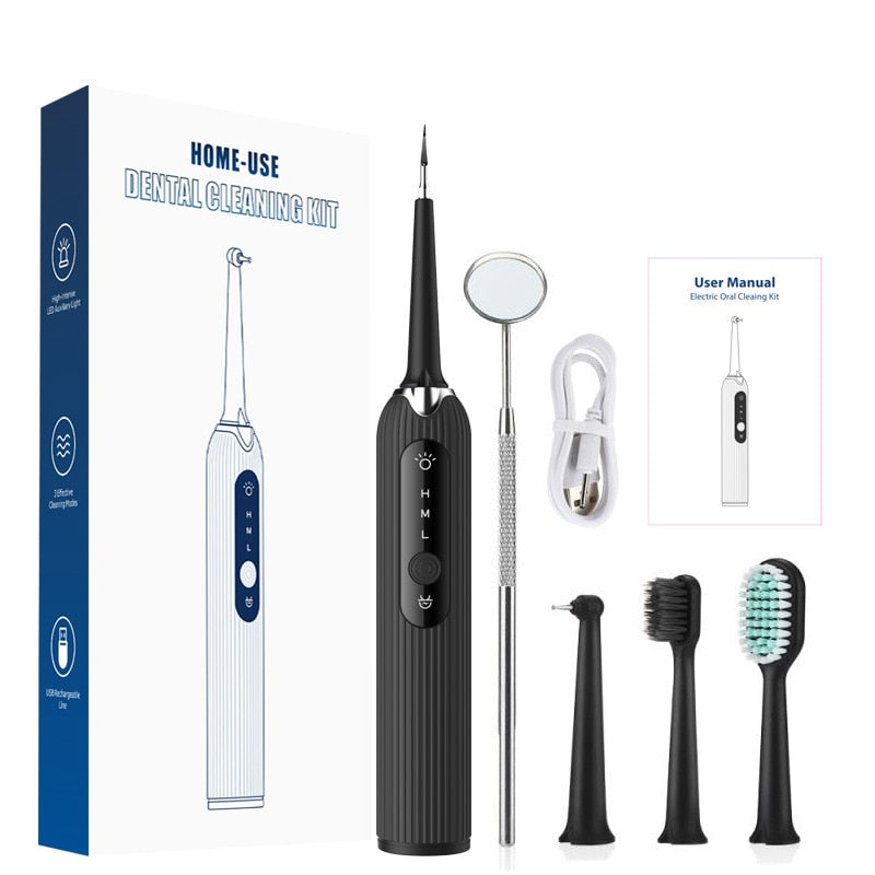 Fashion Electric Toothbrush Sonic Dental Scaler in black, green, pink, and white with multiple cleaning heads and USB charging cable.