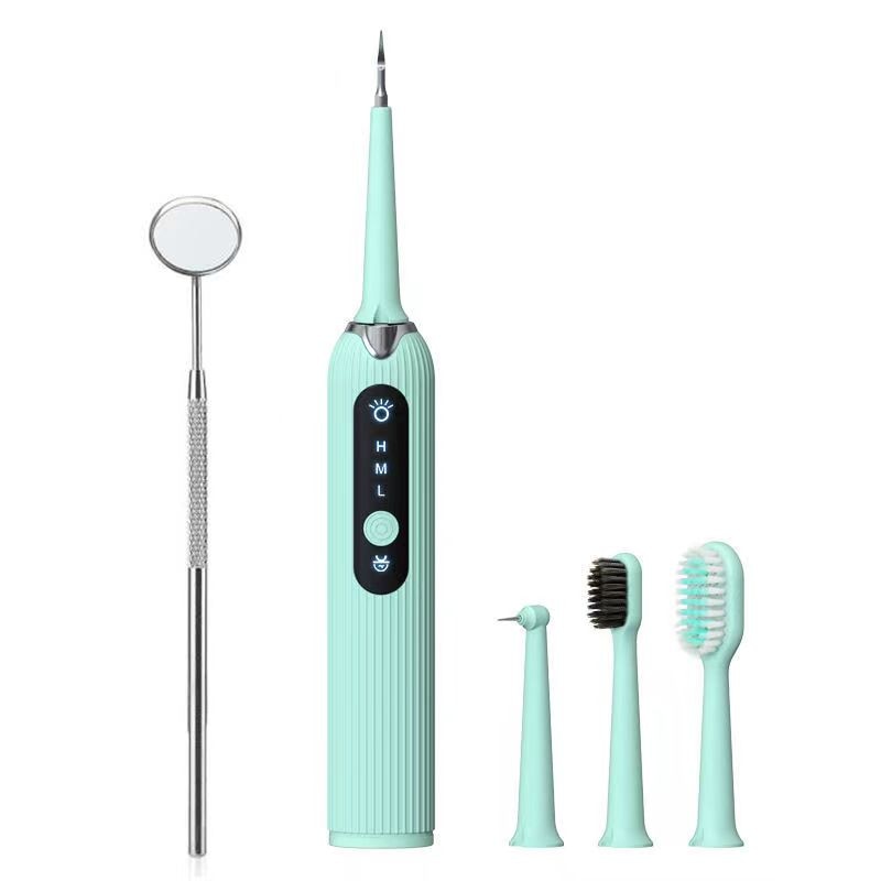 Fashion Electric Toothbrush Sonic Dental Scaler in black, green, pink, and white with multiple cleaning heads and USB charging cable.