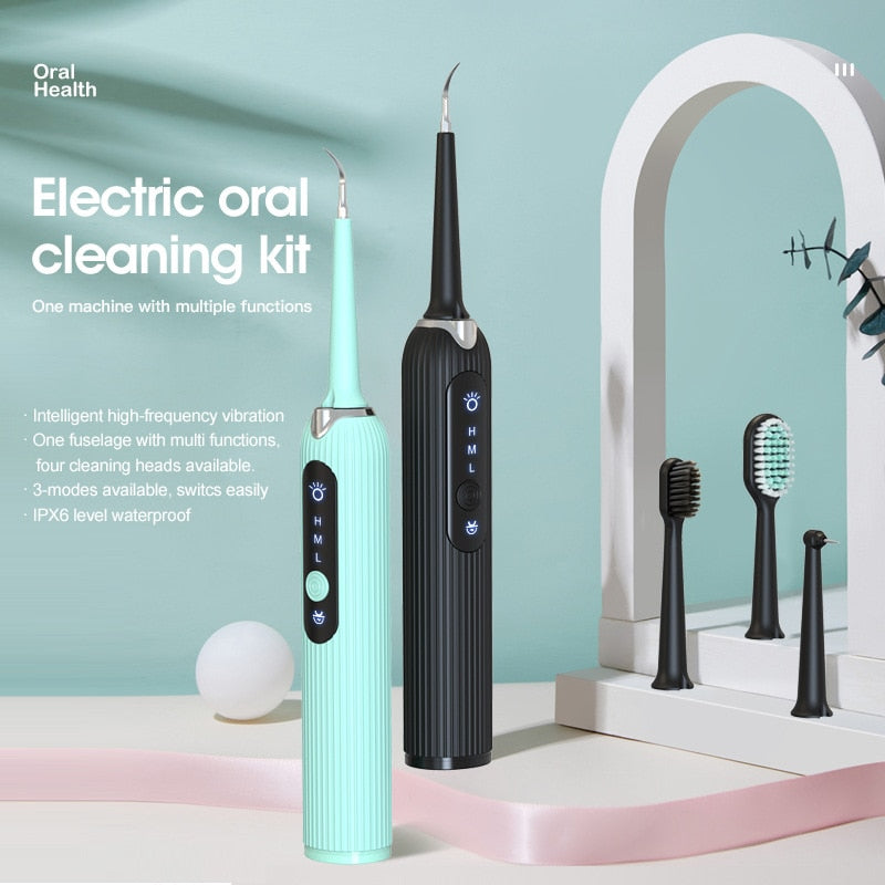 Fashion Electric Toothbrush Sonic Dental Scaler in black, green, pink, and white with multiple cleaning heads and USB charging cable.