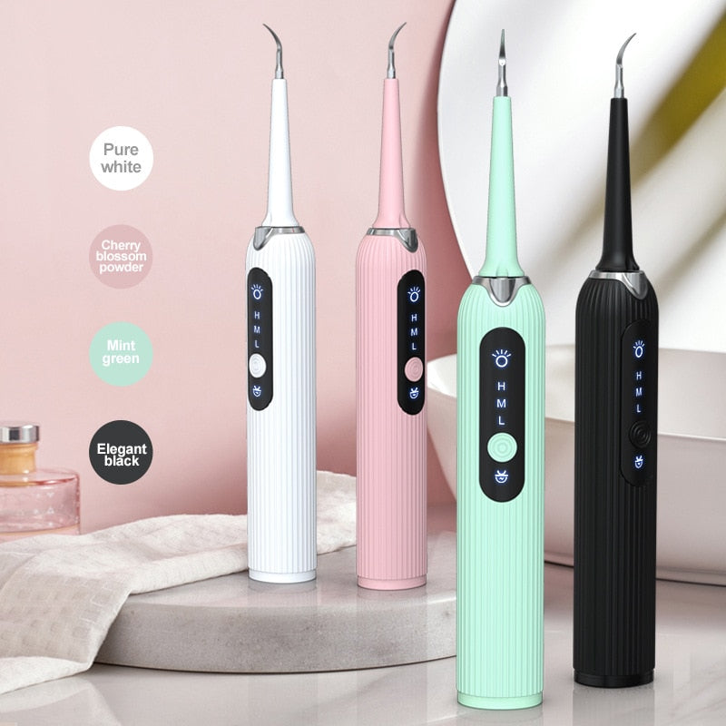 Fashion Electric Toothbrush Sonic Dental Scaler in black, green, pink, and white with multiple cleaning heads and USB charging cable.