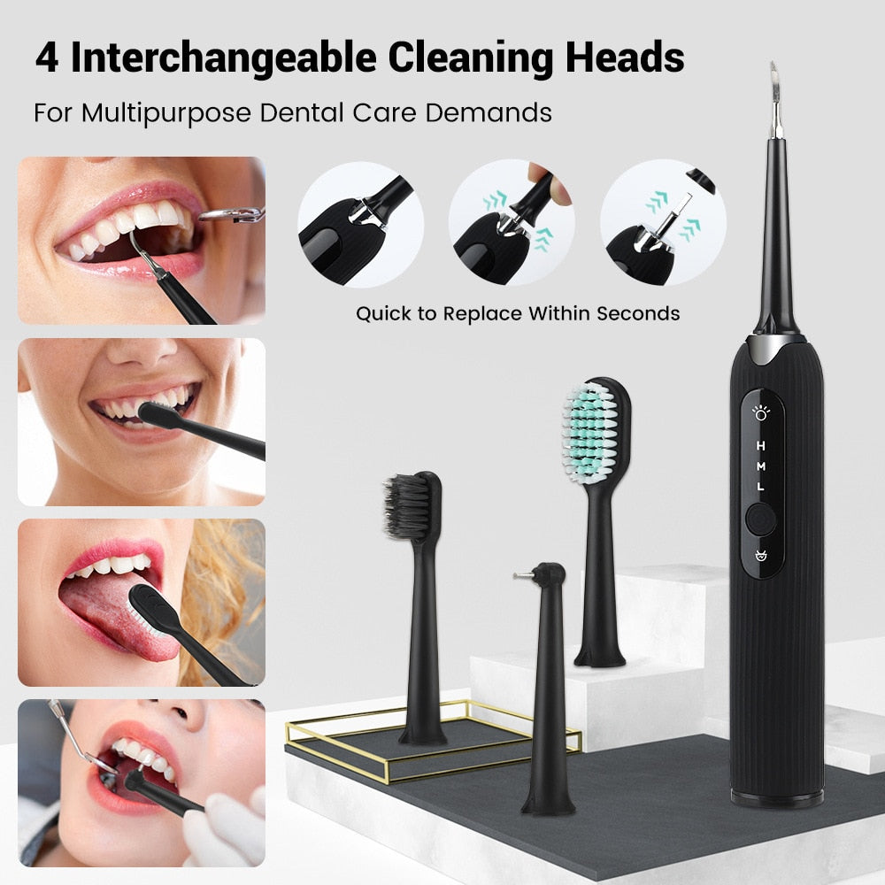 Fashion Electric Toothbrush Sonic Dental Scaler in black, green, pink, and white with multiple cleaning heads and USB charging cable.