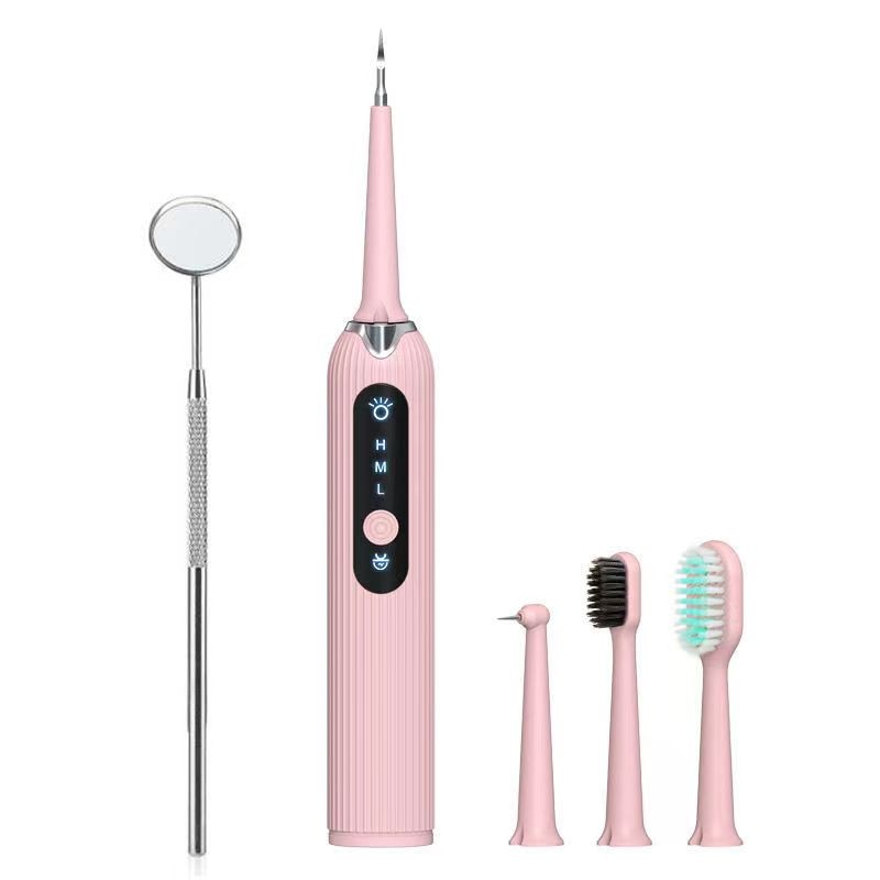 Fashion Electric Toothbrush Sonic Dental Scaler in black, green, pink, and white with multiple cleaning heads and USB charging cable.