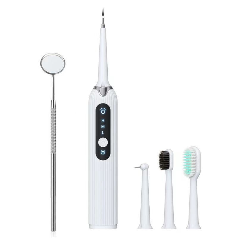 Fashion Electric Toothbrush Sonic Dental Scaler in black, green, pink, and white with multiple cleaning heads and USB charging cable.