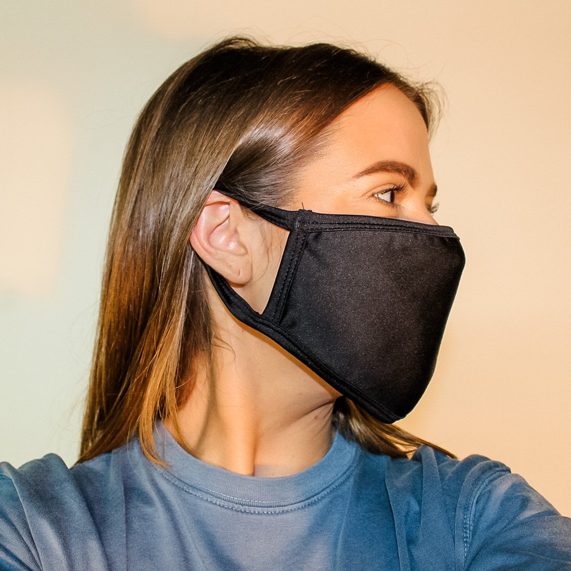 Flat Ear Loop Face Mask in black, made from 100% cotton, featuring a double-lined structure for durability and comfort.