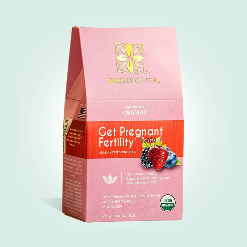 A box of Get Pregnant Fertility Fruits Tea featuring organic herbal blend sachets, ideal for supporting women's fertility.