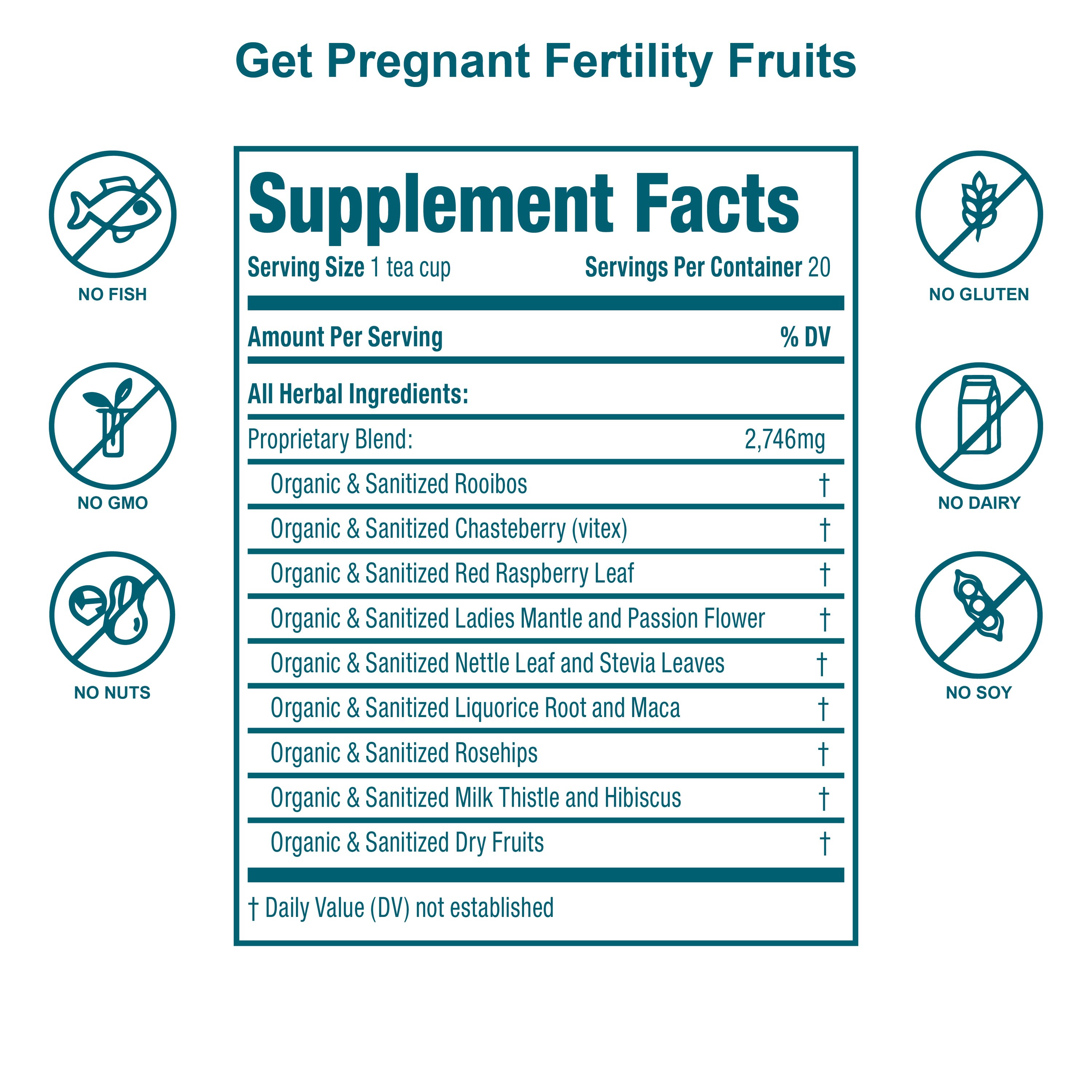 A box of Get Pregnant Fertility Fruits Tea featuring organic herbal blend sachets, ideal for supporting women's fertility.