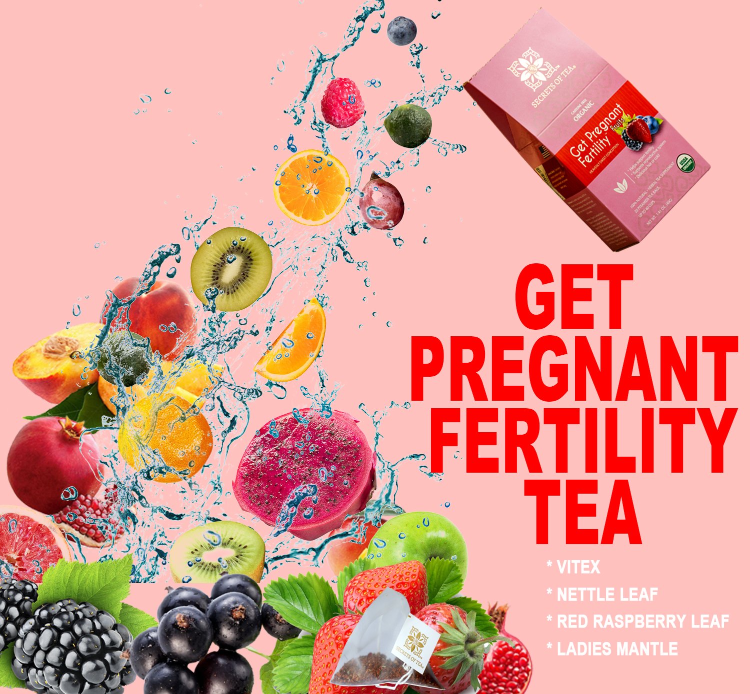 A box of Get Pregnant Fertility Fruits Tea featuring organic herbal blend sachets, ideal for supporting women's fertility.