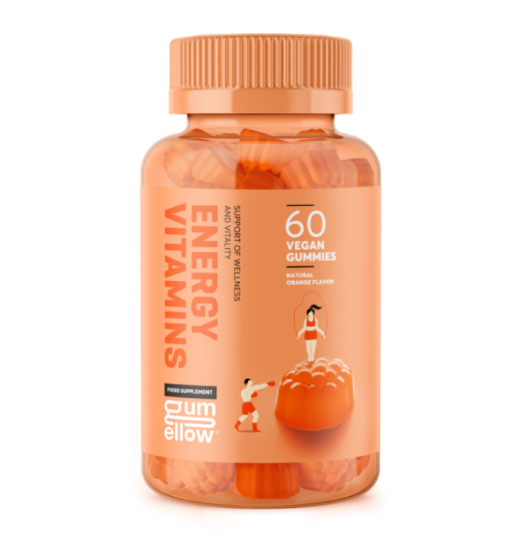 Bottle of vegan energy gummies.