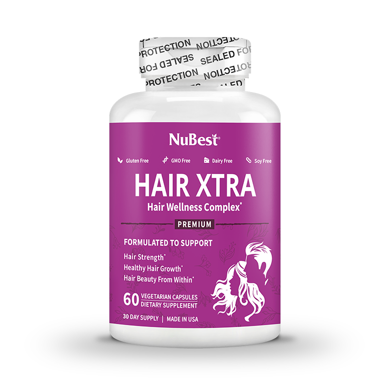 Hair Xtra Premium Hair Growth Support capsules in a bottle, designed for men and women, featuring a vegan formula for healthy hair.