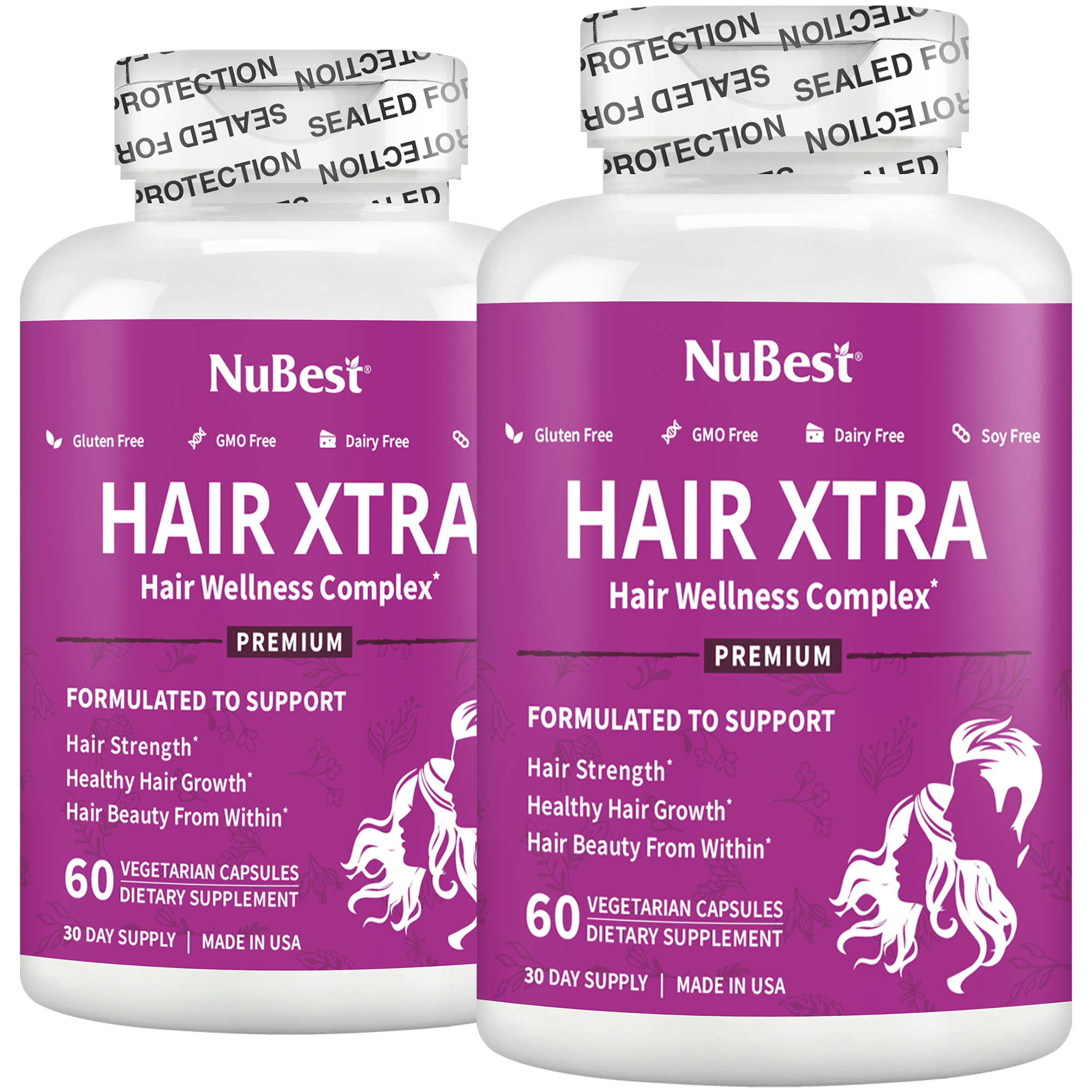 Hair Xtra Premium Hair Growth Support capsules in a bottle, designed for men and women, featuring a vegan formula for healthy hair.