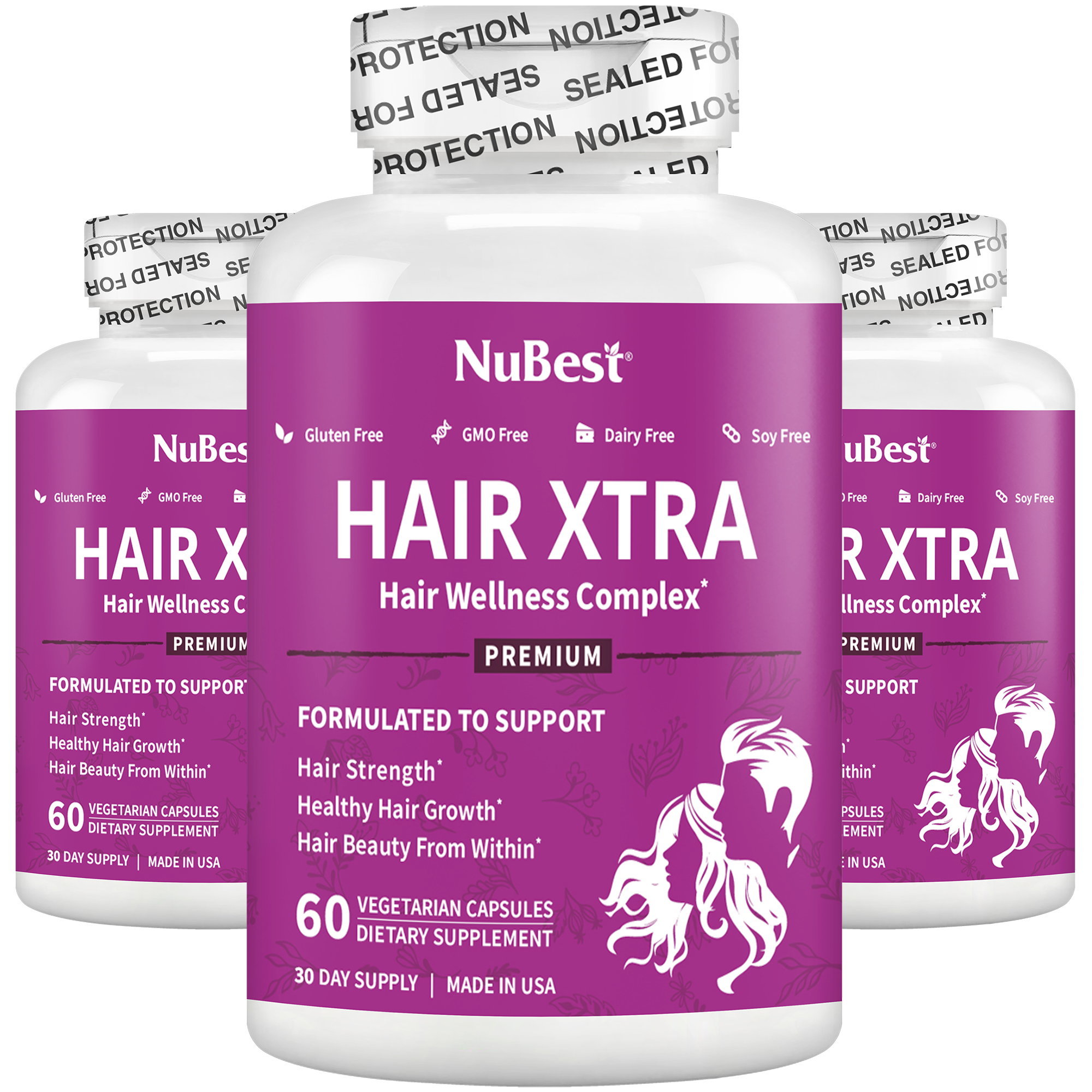 Hair Xtra Premium Hair Growth Support capsules in a bottle, designed for men and women, featuring a vegan formula for healthy hair.