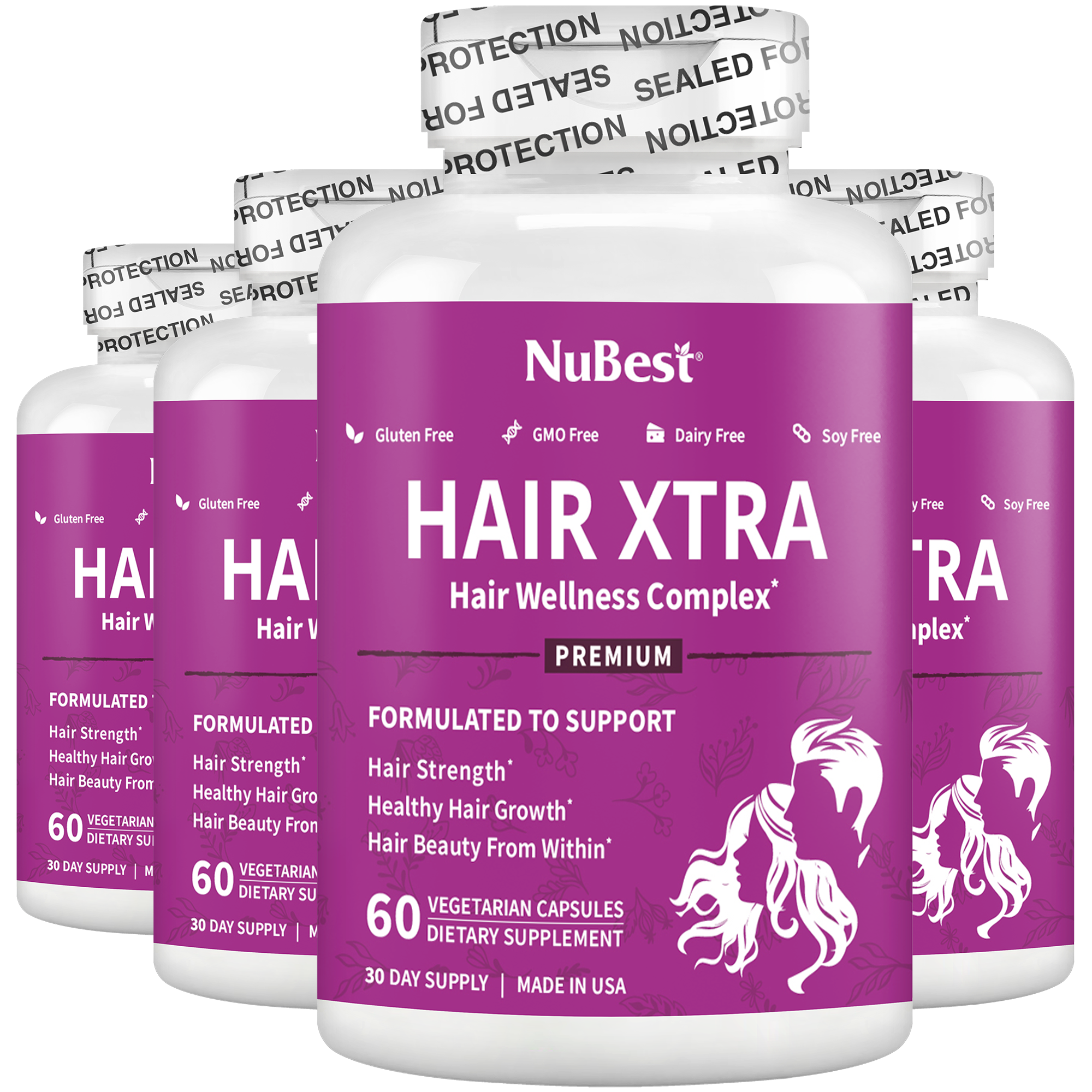 Hair Xtra Premium Hair Growth Support capsules in a bottle, designed for men and women, featuring a vegan formula for healthy hair.