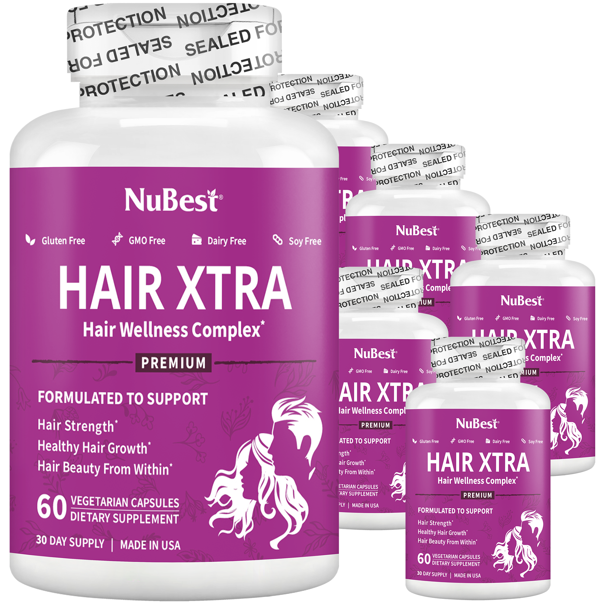 Hair Xtra Premium Hair Growth Support capsules in a bottle, designed for men and women, featuring a vegan formula for healthy hair.